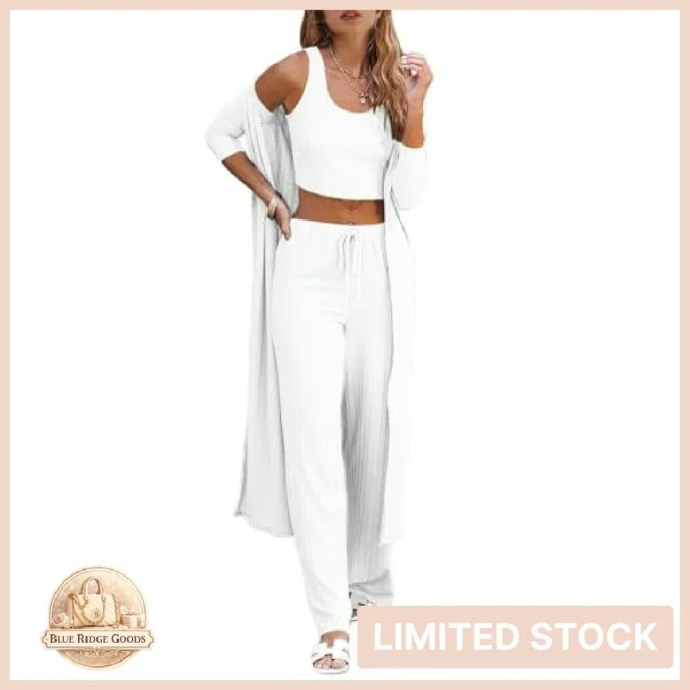 3 Piece Lounge Set Knit Cardigan Crop Top Wide Leg Pants Chic Comfy